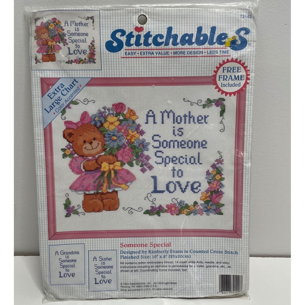 Vintage 1993 Dimensions Stitchable Cross Stitch Kit Teddy Bear Frame Mom Grandma